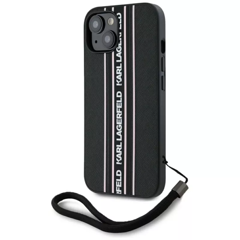 Karl Lagerfeld Saffiano Athleisure Stripes Cord custodia per iPhone 15, nero-rosa