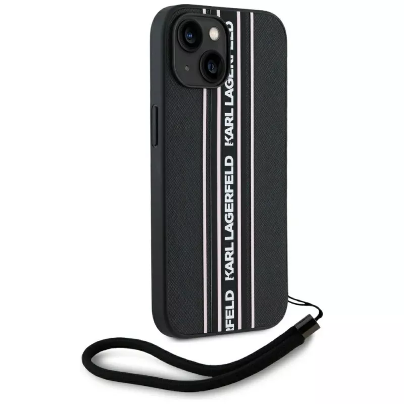 Karl Lagerfeld Saffiano Athleisure Stripes Cord custodia per iPhone 15, nero-rosa