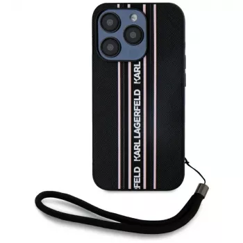 KARL LAGERFELD Saffiano Athleisure Stripes Cord custodia per iPhone 15 Pro, nero/rosa