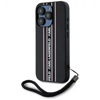 KARL LAGERFELD Saffiano Athleisure Stripes Cord custodia per iPhone 15 Pro, nero/rosa