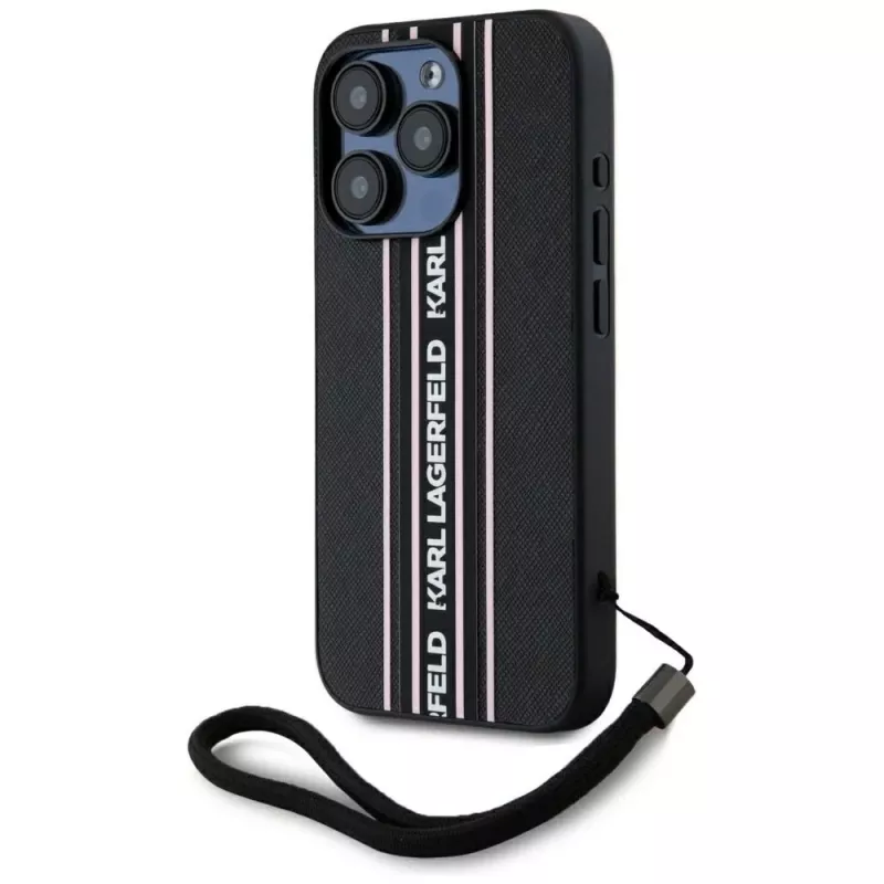 KARL LAGERFELD Saffiano Athleisure Stripes Cord custodia per iPhone 15 Pro, nero/rosa