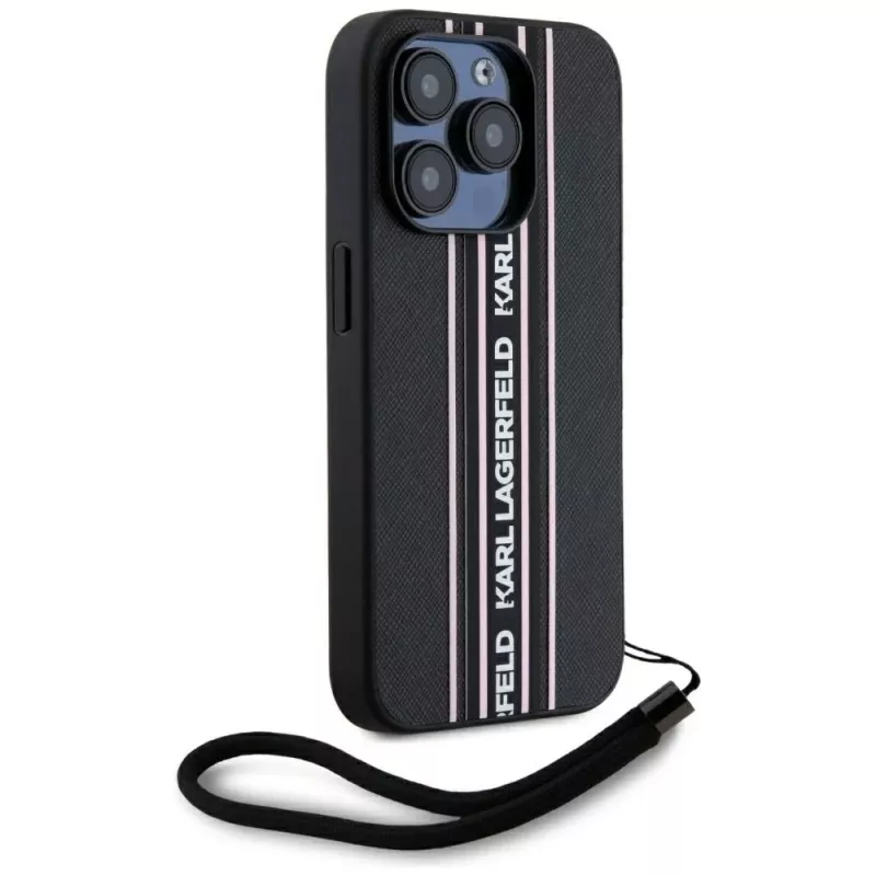KARL LAGERFELD Saffiano Athleisure Stripes Cord custodia per iPhone 15 Pro, nero/rosa