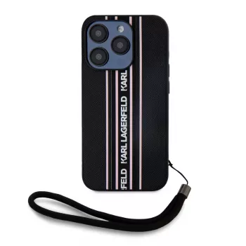Karl Lagerfeld Saffiano Athleisure Stripes Cord custodia per iPhone 15 Pro Max nero rosa