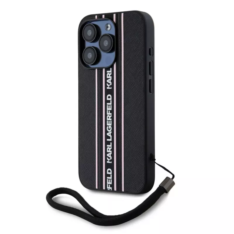 Karl Lagerfeld Saffiano Athleisure Stripes Cord custodia per iPhone 15 Pro Max nero rosa