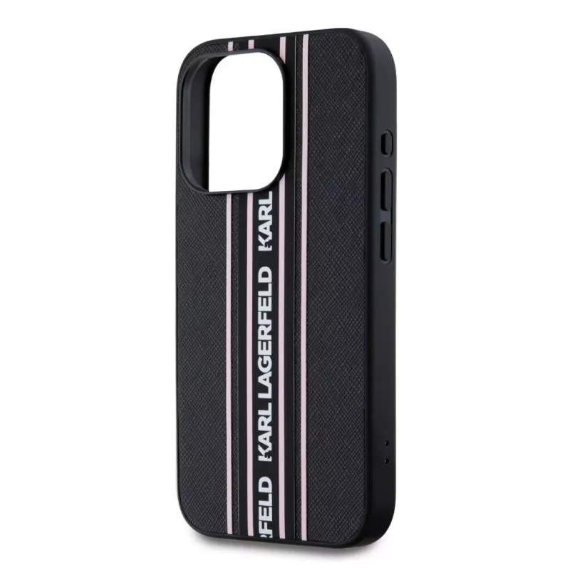 Karl Lagerfeld Saffiano Athleisure Stripes Cord custodia per iPhone 15 Pro Max nero rosa