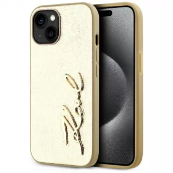 KARL LAGERFELD Wrinkled Metal Signature custodia per telefono iPhone 15, oro