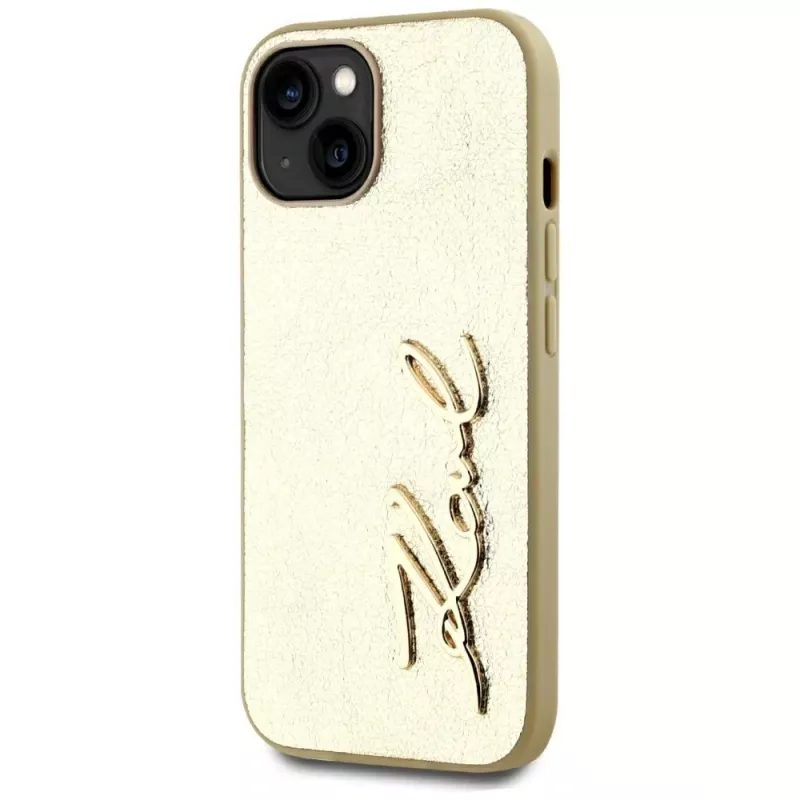 KARL LAGERFELD Wrinkled Metal Signature custodia per telefono iPhone 15, oro