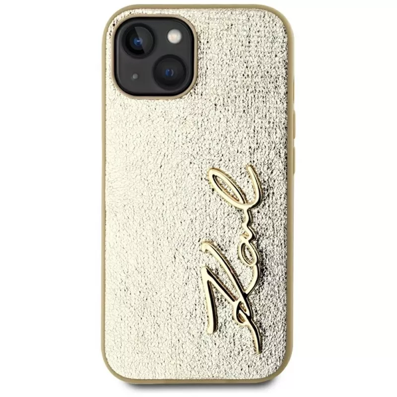 KARL LAGERFELD Wrinkled Metal Signature custodia per telefono iPhone 15, oro