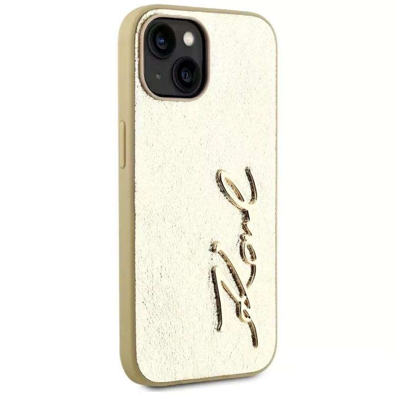 KARL LAGERFELD Wrinkled Metal Signature custodia per telefono iPhone 15, oro
