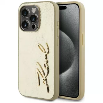 KARL LAGERFELD Wrinkled Metal Signature custodia per iPhone 15 Pro - oro