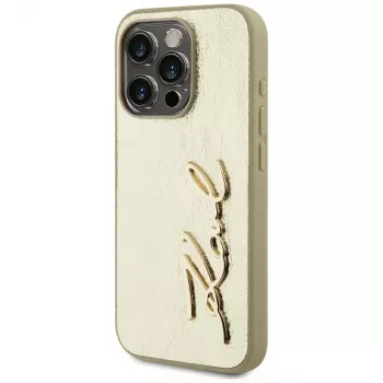 KARL LAGERFELD Wrinkled Metal Signature custodia per iPhone 15 Pro - oro