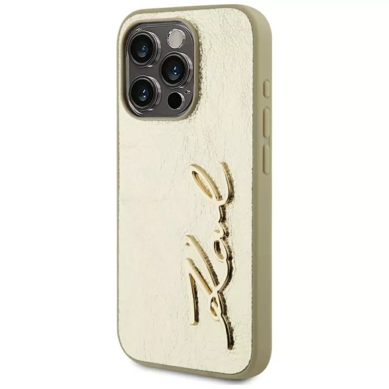KARL LAGERFELD Wrinkled Metal Signature custodia per iPhone 15 Pro - oro