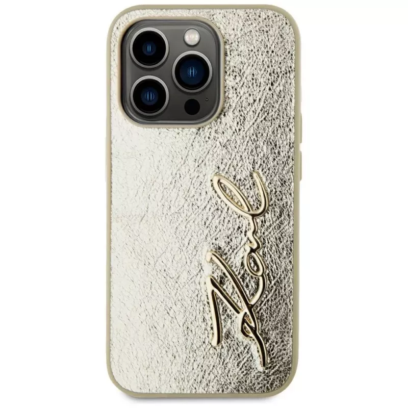 KARL LAGERFELD Wrinkled Metal Signature custodia per iPhone 15 Pro - oro