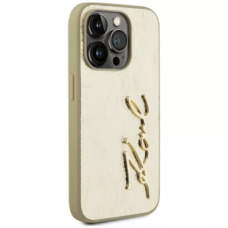 KARL LAGERFELD Wrinkled Metal Signature custodia per iPhone 15 Pro - oro