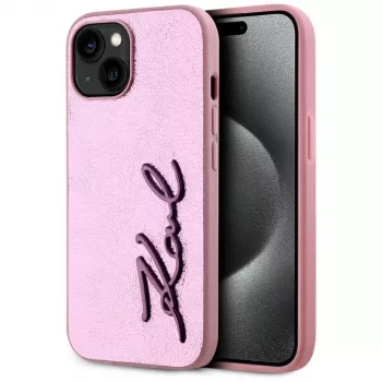 KARL LAGERFELD Wrinkled Metal Signature cover posteriore per Apple iPhone 15, rosa