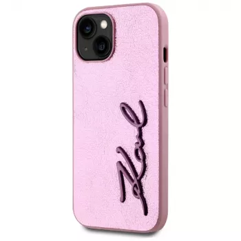 KARL LAGERFELD Wrinkled Metal Signature cover posteriore per Apple iPhone 15, rosa