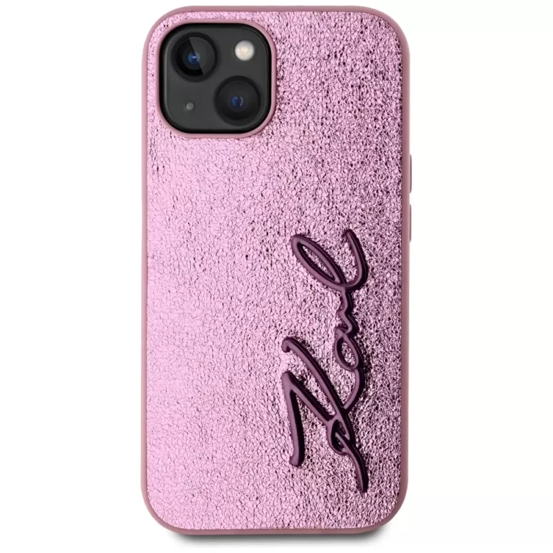 KARL LAGERFELD Wrinkled Metal Signature cover posteriore per Apple iPhone 15, rosa