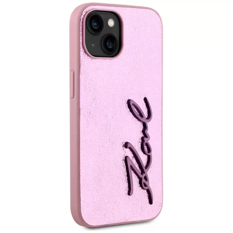 KARL LAGERFELD Wrinkled Metal Signature cover posteriore per Apple iPhone 15, rosa
