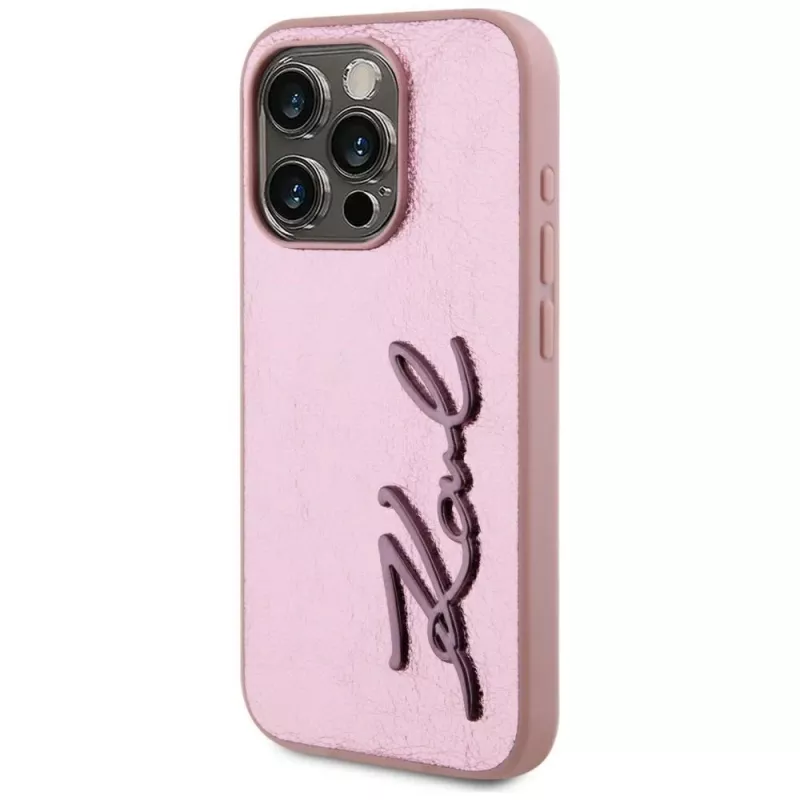 Karl Lagerfeld Wrinkled Metal Signature custodia per iPhone 15 Pro, rosa