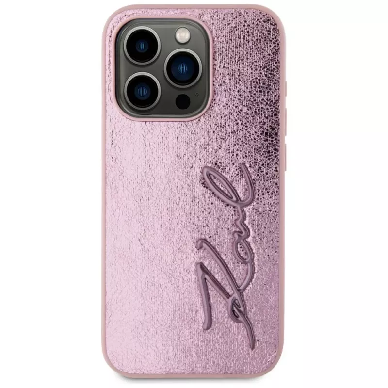 Karl Lagerfeld Wrinkled Metal Signature custodia per iPhone 15 Pro, rosa