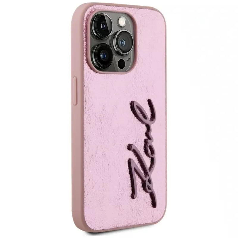 Karl Lagerfeld Wrinkled Metal Signature custodia per iPhone 15 Pro, rosa