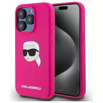 Karl Lagerfeld iPhone 15 Pro 6,1 pollici custodia rigida silicone con stampa testa Karl, MagSafe - fucsia