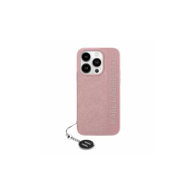 Karl Lagerfeld KLHCP15LPSAKDGCP iPhone 15 Pro 6.1 custodia rigida Saffiano strass e charm rosa