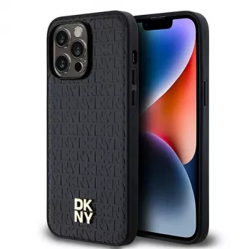 DKNY DKHMP13LPSHRPSK Custodia rigida per iPhone 13 Pro / 13, similpelle nera con logo in metallo, MagSafe