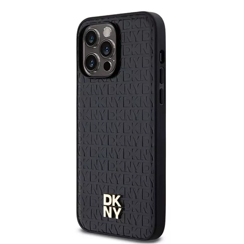 DKNY DKHMP13LPSHRPSK Custodia rigida per iPhone 13 Pro / 13, similpelle nera con logo in metallo, MagSafe