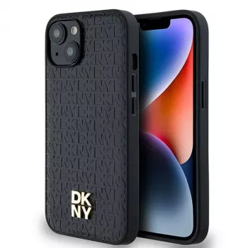 DKNY DKHMP14SPSHRPSK Custodia rigida pelle motivo monogramma logo metallo MagSafe per iPhone 13/14/15, nero