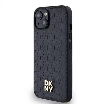 DKNY DKHMP14SPSHRPSK Custodia rigida pelle motivo monogramma logo metallo MagSafe per iPhone 13/14/15, nero
