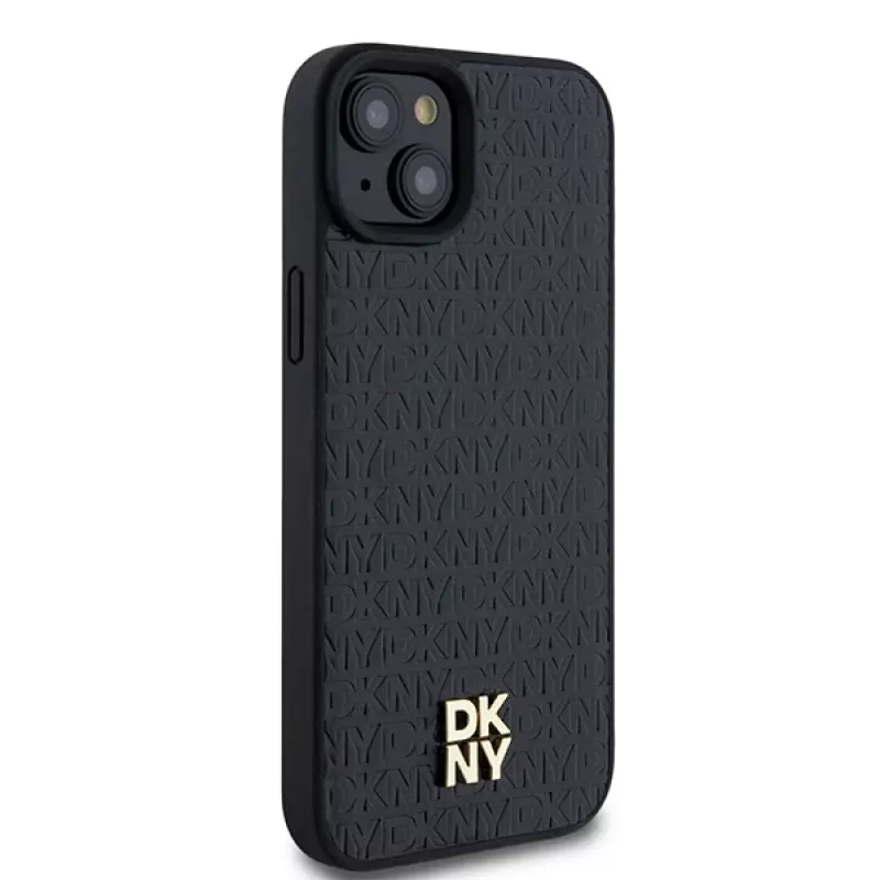DKNY DKHMP15SPSHRPSK Custodia rigida per iPhone 15/14/13 6,1 inch nero effetto pelle logo metallo MagSafe