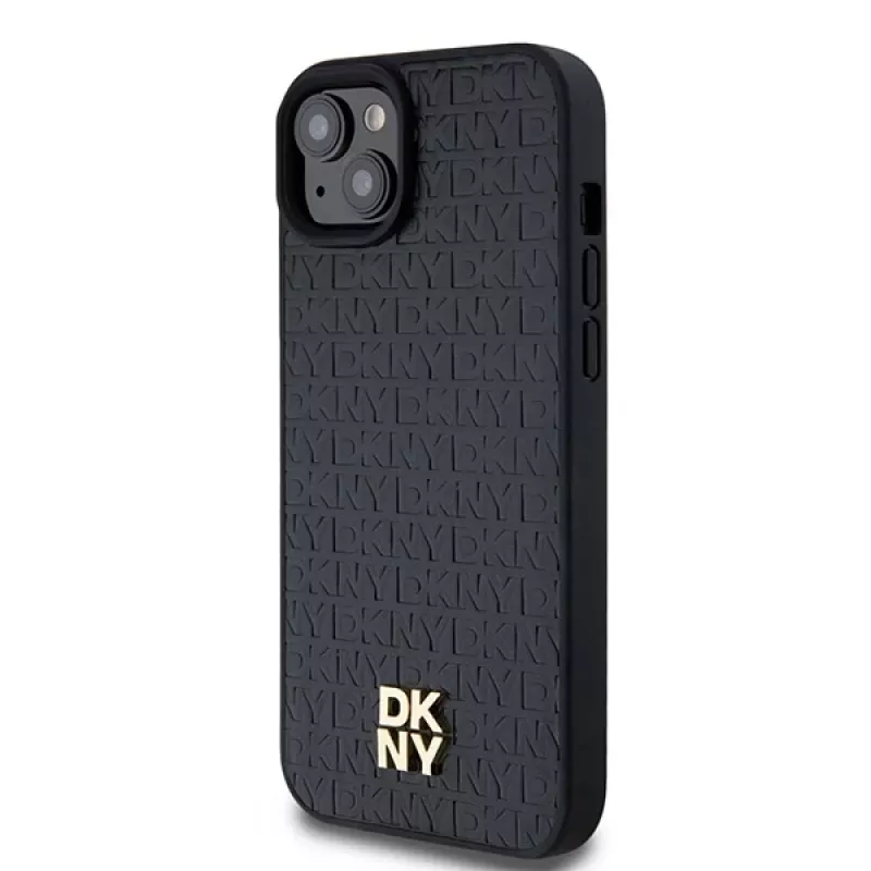 DKNY DKHMP15MPSHRPSK Custodia rigida iPhone 15 Plus / 14 Plus 6,7 inch nero pelle motivo monogramma logo metallo MagSafe