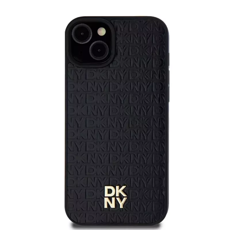 DKNY DKHMP15MPSHRPSK Custodia rigida iPhone 15 Plus / 14 Plus 6,7 inch nero pelle motivo monogramma logo metallo MagSafe