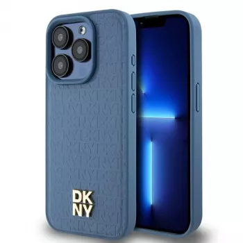 DKNY DKHMP15LPSHRPSB Custodia rigida iPhone 15 Pro 6.1 blu pelle motivo monogramma logo metallo MagSafe