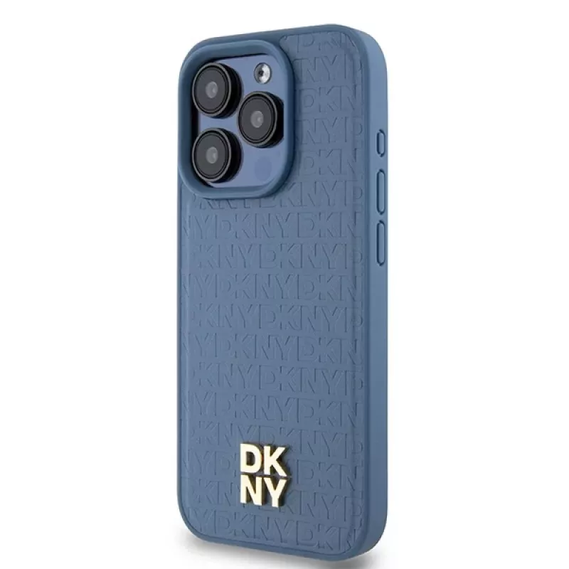 DKNY DKHMP15LPSHRPSB Custodia rigida iPhone 15 Pro 6.1 blu pelle motivo monogramma logo metallo MagSafe