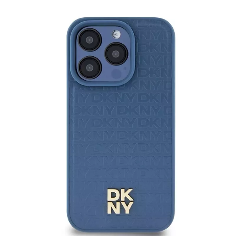 DKNY DKHMP15LPSHRPSB Custodia rigida iPhone 15 Pro 6.1 blu pelle motivo monogramma logo metallo MagSafe