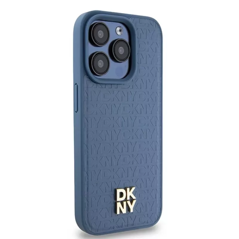 DKNY DKHMP15LPSHRPSB Custodia rigida iPhone 15 Pro 6.1 blu pelle motivo monogramma logo metallo MagSafe