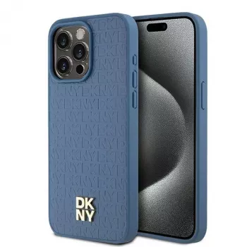 DKNY DKHMP15XPSHRPSB Custodia rigida pelle motivo monogramma con logo in metallo MagSafe per iPhone 15 Pro Max 6.7 blu