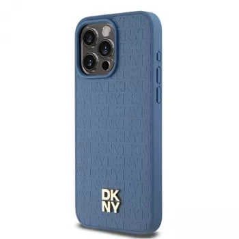 DKNY DKHMP15XPSHRPSB Custodia rigida pelle motivo monogramma con logo in metallo MagSafe per iPhone 15 Pro Max 6.7 blu