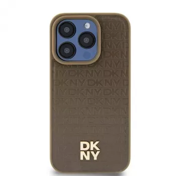DKNY DKHMP14SPSHRPSW Custodia rigida per iPhone 14/15/13, design in pelle marrone con logo in metallo, MagSafe