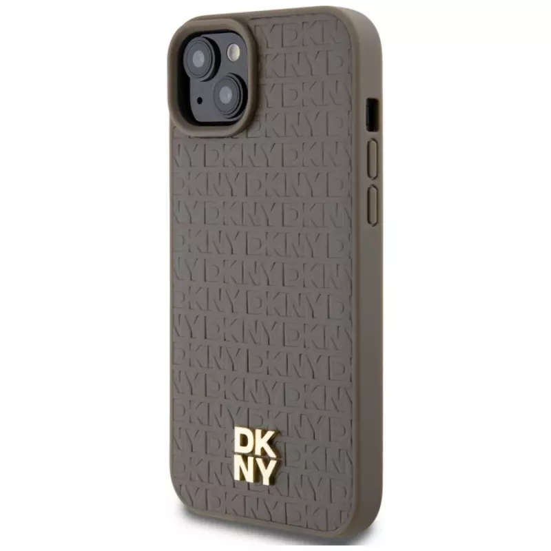 DKNY DKHMP15MPSHRPSW Custodia rigida con effetto pelle e logo in metallo, MagSafe per iPhone 15 Plus / 14 Plus 6,7