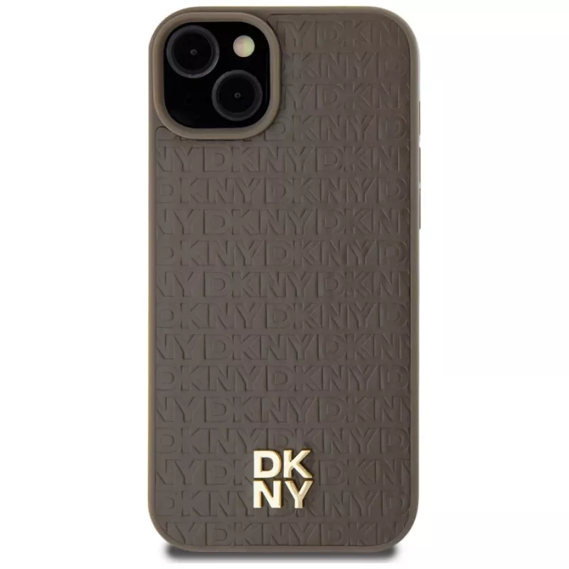 DKNY DKHMP15MPSHRPSW Custodia rigida con effetto pelle e logo in metallo, MagSafe per iPhone 15 Plus / 14 Plus 6,7