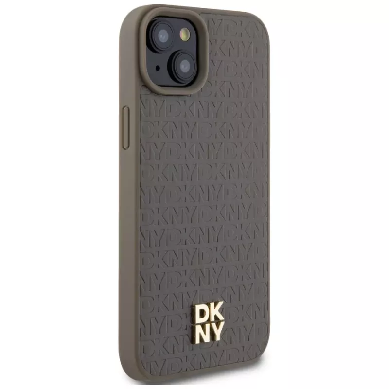 DKNY DKHMP15MPSHRPSW Custodia rigida con effetto pelle e logo in metallo, MagSafe per iPhone 15 Plus / 14 Plus 6,7