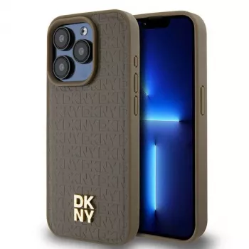 DKNY DKHMP15LPSHRPSW Custodia rigida iPhone 15 Pro 6.1 marrone pelle motivo monogramma logo metallo MagSafe