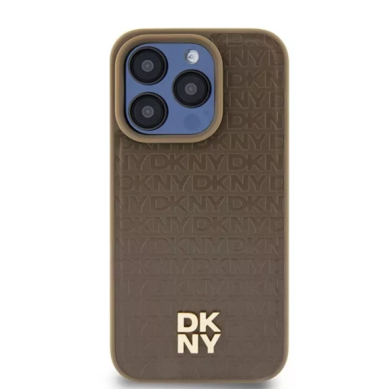 DKNY DKHMP15XPSHRPSW Custodia rigida per Apple iPhone 15 Pro Max 6,7 inch design in pelle marrone con logo in metallo MagSafe