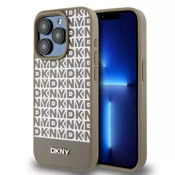DKNY DKHMP15XPSOSPW Custodia rigida pelle con motivo stampato e logo in metallo MagSafe per iPhone 15 Pro Max 6,7