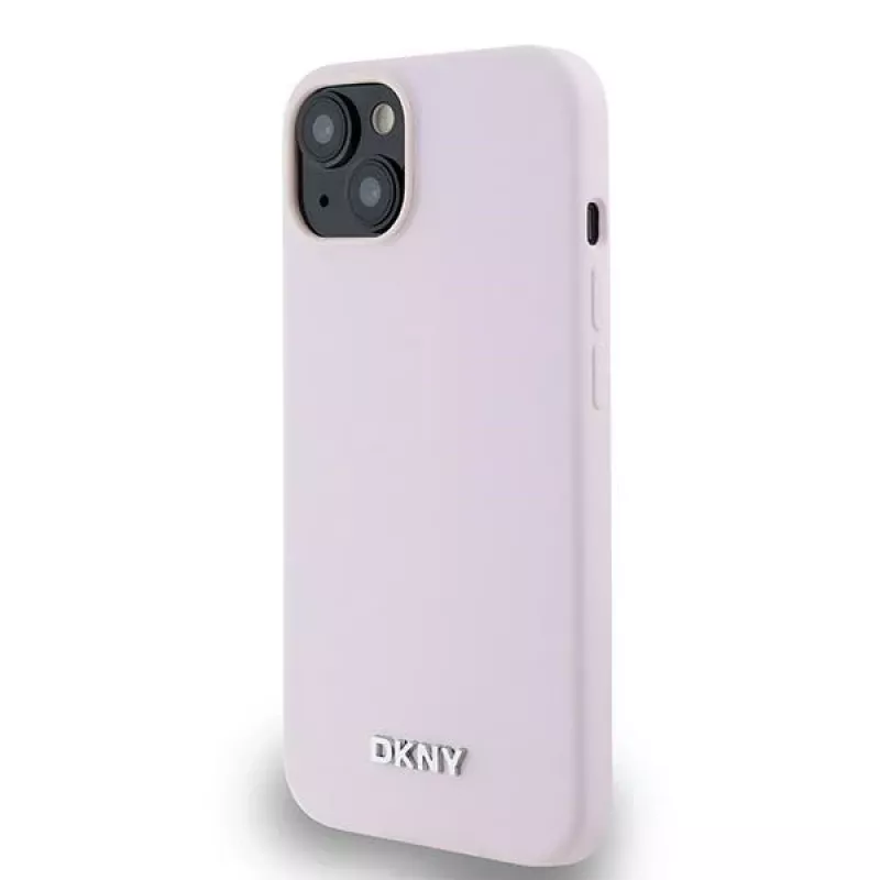 DKNY DKHMP14SSMCHLP Custodia rigida Liquid Silicone con logo in metallo MagSafe per iPhone 13/14/15 6,1
