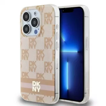 DKNY DKHMP13LHCPTSP Custodia rigida per Apple iPhone 13 Pro / 13, rosa Checkered Mono Pattern & Printed Stripes, MagSafe