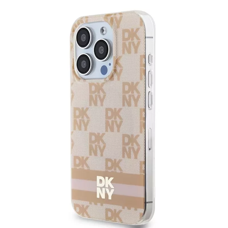 DKNY DKHMP15XHCPTSP Custodia rigida per Apple iPhone 15 Pro Max, rosa Checkered Mono Pattern & Printed Stripes, compatibile MagSafe